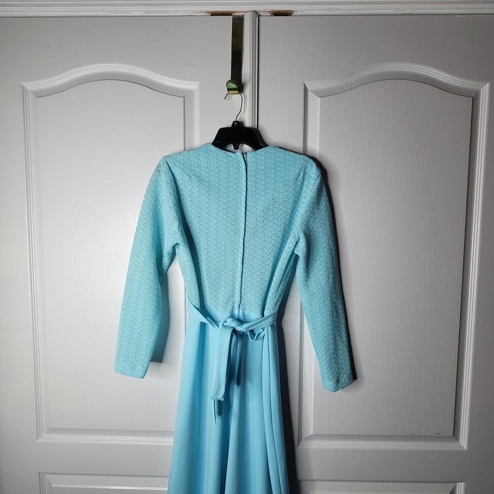 Vintage 70s Sears Blue Lace VNeck Maxi Dress Long Sleeve Mod Medium / Large Belt - Picture 8 of 9